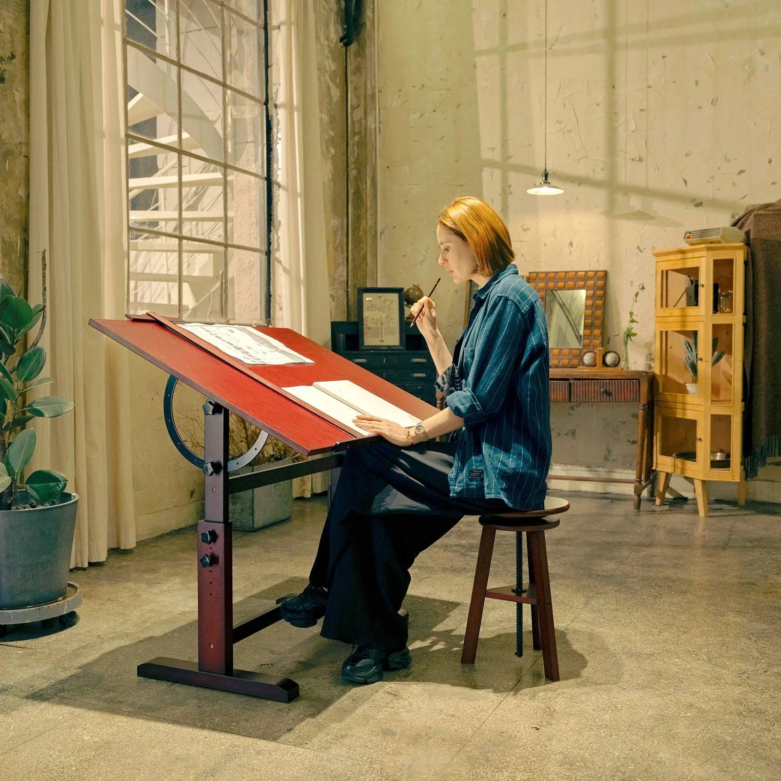 MEEDEN Vintage Adjustable Wooden Drafting Table & Stool Set, Dark Walnut-XSZ-4 - Image 5